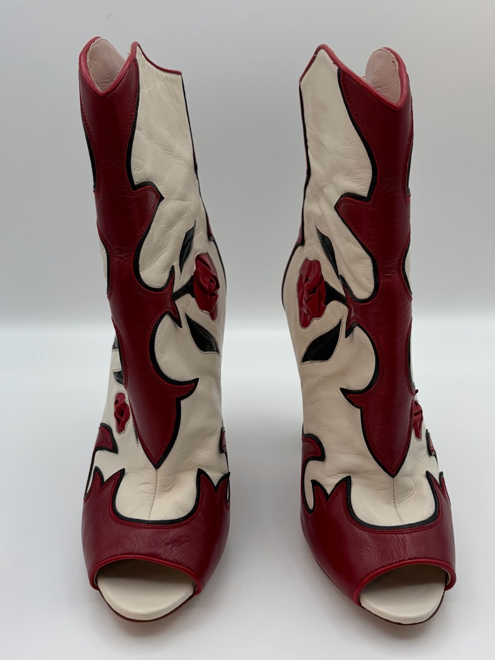 Miu Miu SS 2012 Runway Rose Appliqué Western Peep-Toe Boots Size 37